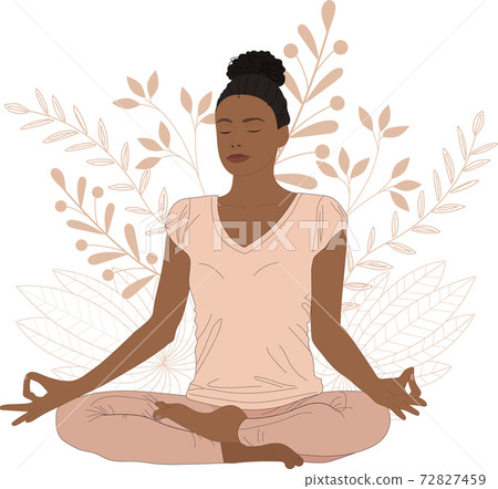 Cute,afro american young woman practicing yoga on the floral background. 72827459