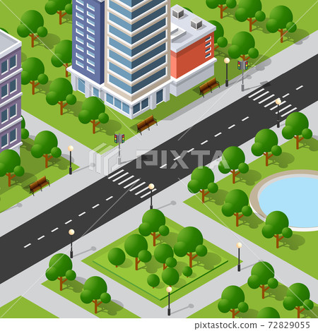 Isometric 3D illustration of the city quarter with houses, streets. Stock illustration for the design and gaming industry. 72829055