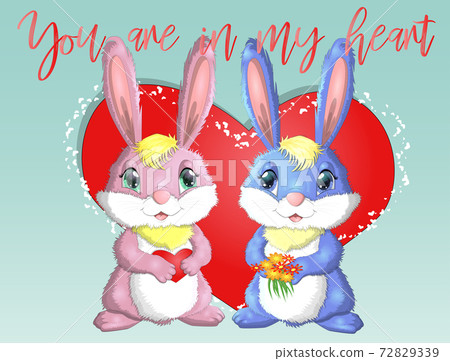 Happy valentine's day. Love card. A pair of cute bunnies girl and boy, pink and deep against a heart. Concept of love confession, marriage proposal, relationship, couple 72829339