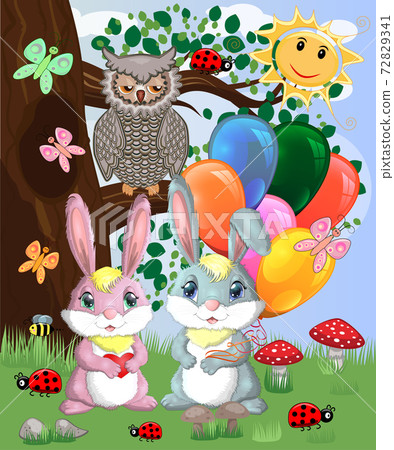 Two cute bunny with balls in a forest glade. Boy and girl, concept spring, love 72829341