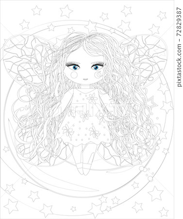 cute fairy girl on moon.Sketch, postcard, print, coloring adult anti stress book. Boho zen art style doodle. 72829387