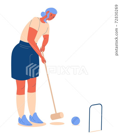 Young woman push ball while playing croquet isolated on white background. Casual clothes, cartoon character drawn in blue and orange Young woman push ball while playing croquet isolated on white background. Casual clothes, cartoon character drawn in blue and orange 72830269