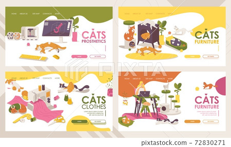 Collection of various landing page banners about cats furniture, dress and clothes for pets, 3d prostheses print for injured kittens. Vibrant colors and lovely animal characters 72830271