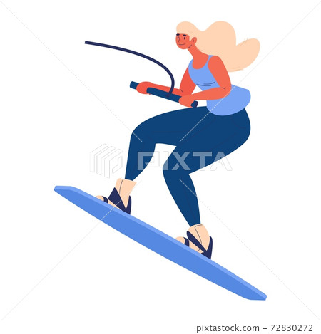 Woman riding wakeboard isolated on white. Smiling cartoon female character doing extreme sport 72830272