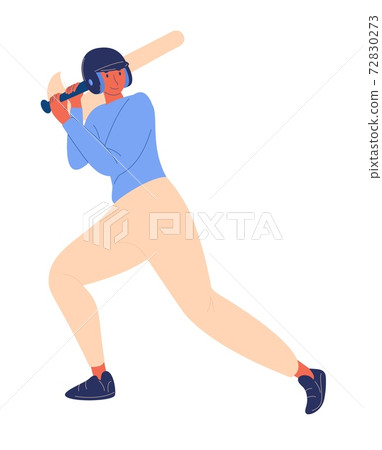 Young woman in helmet with bat in hands ready to hit the ball. Female character smiling, isolated on white, drawn in cartoon style 72830273