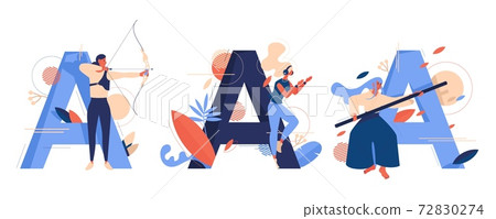 Concept sport illustration with capital letters A for archery, aikido and aerobics training decorated with leaves and geometric shapes. Young adorable women doing exercise 72830274