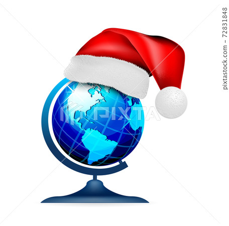 Globe on stand in a hat of santa claus, on a white background. Vector 72831848