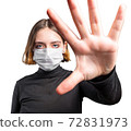 Young woman in medical protective mask inviting gesture 72831973