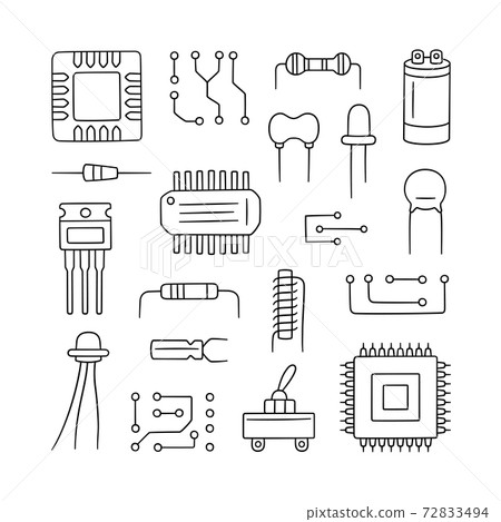 Electronic radio components. Set of microchip, diode, transistor capacitor, resistor. Computer parts. 72833494