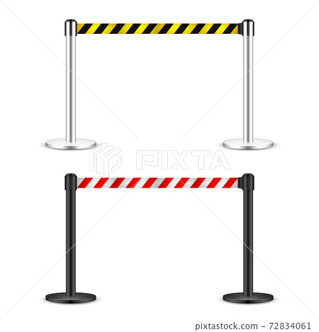 Realistic vector retractable belt stanchion. Crowd control barrier posts with caution strap. Queue Realistic vector retractable belt stanchion. Crowd control barrier posts with caution strap. Queue 72834061