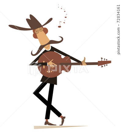 Funny young man playing guitar isolated illustration. Cartoon man in the cowboy hat is playing guitar isolated on white 72834161