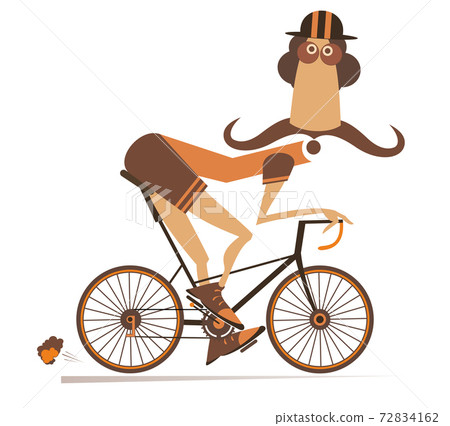 Cartoon man rides a bike isolated illustration. Smiling long mustache man in helmet rides a bike and looks healthy and happy isolated on white Cartoon man rides a bike isolated illustration. Smiling long mustache man in helmet rides a bike and looks healthy and happy isolated on white 72834162