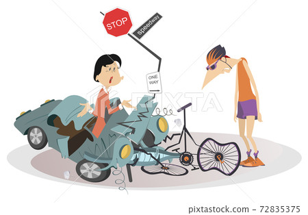 Road accident, driver, cyclist and broken bike illustration. Upset driver woman asks the sad cyclist man what to do with the broken car isolated on white 72835375