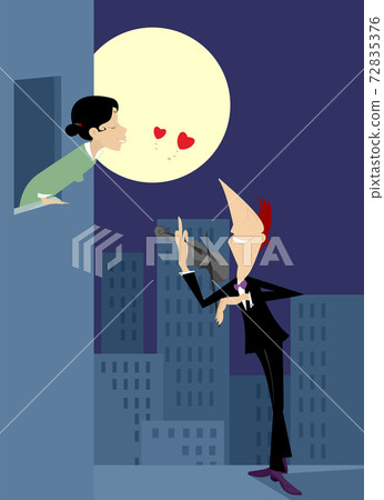 Love couple rendezvous under the moon illustration. Young girl listens her boyfriend playing violin under the moon Love couple rendezvous under the moon illustration. Young girl listens her boyfriend playing violin under the moon 72835376