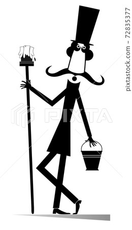Funny long mustache painter illustration. Cartoon long mustache painter in the top hat holds a brush and a bucket of paint black on white Funny long mustache painter illustration. Cartoon long mustache painter in the top hat holds a brush and a bucket of paint black on white 72835377