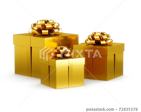 3D Rendering Three Golden Gift Boxes on white background 3D Rendering Three Golden Gift Boxes on white background 72835378