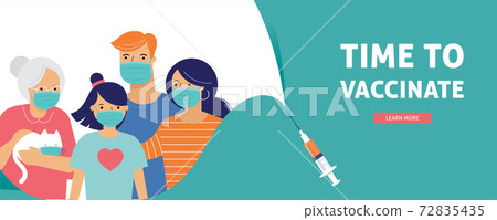 Family Vaccination concept design. Time to vaccinate banner - syringe with vaccine for COVID-19, flu Family Vaccination concept design. Time to vaccinate banner - syringe with vaccine for COVID-19, flu 72835435