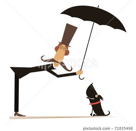 Long mustache man, umbrella and the dog illustration. Funny long mustache man in the top hat protects a dog against the rain by umbrella isolated on white illustration Long mustache man, umbrella and the dog illustration. Funny long mustache man in the top hat protects a dog against the rain by umbrella isolated on white illustration 72835498
