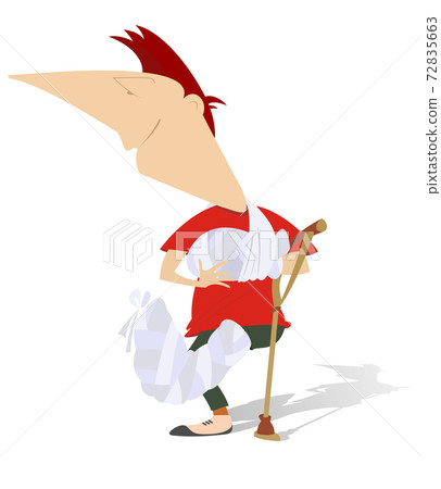 Comic man with bandages on the hand and leg and crutch isolated on white illustration Comic man with bandages on the hand and leg and crutch isolated on white illustration 72835663