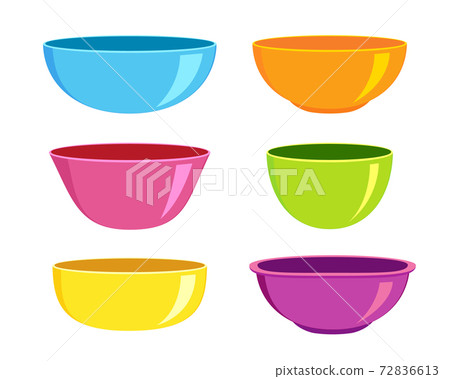 Set of empty plastic or ceramic bowls of different forms on white background. Colourful dishware for breakfast or dinner. Vector illustration Set of empty plastic or ceramic bowls of different forms on white background. Colourful dishware for breakfast or dinner. Vector illustration 72836613
