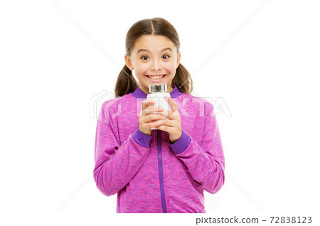 Investment into health. Girl hold medicines bottle. Vitamin Investment into health. Girl hold medicines bottle. Vitamin 72838123