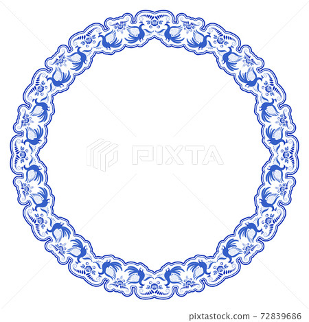 Gzhel round frame. Blue Folk painting with flowers and birds. 72839686