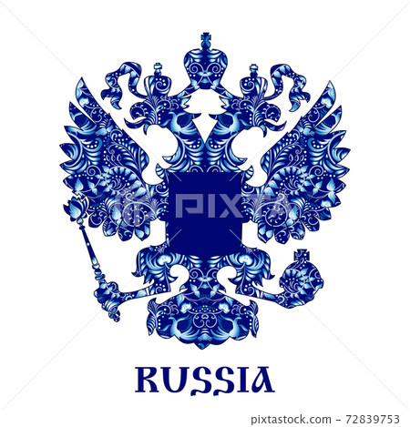 Emblem of Russia with blue pattern in national style Gzhel with inscription. Emblem of Russia with blue pattern in national style Gzhel with inscription. 72839753