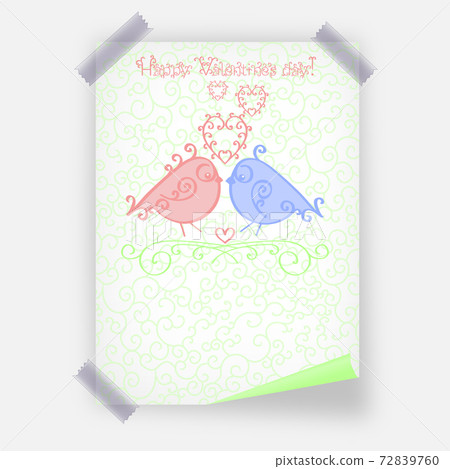 Happy Valentine Day poster template or Valentines Day greetings card or banner design in fashionable soft green, blue and pink colors. Cartoon loving couple birds. 72839760