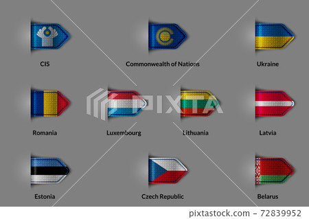 Set of flags in the form of a glossy textured label or bookmark. CIS Commonwealth of Nations Ukraine Romania Luxembourg Lithuania Latvia Estonia Czech Republic Belorus. Set of flags in the form of a glossy textured label or bookmark. CIS Commonwealth of Nations Ukraine Romania Luxembourg Lithuania Latvia Estonia Czech Republic Belorus. 72839952