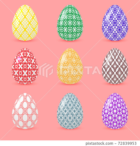 Set of colored Easter eggs with geometric patterns. Realistic objects with shadows isolated on a pink background. Set of colored Easter eggs with geometric patterns. Realistic objects with shadows isolated on a pink background. 72839953