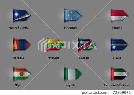 Set of flags in the form of a glossy textured label or bookmark. Countries Marshall Islands Micronesia Monaco Mongolia Myanmar Namibia Nauru Niger Nigeria United Arab Emirates. Set of flags in the form of a glossy textured label or bookmark. Countries Marshall Islands Micronesia Monaco Mongolia Myanmar Namibia Nauru Niger Nigeria United Arab Emirates. 72839971
