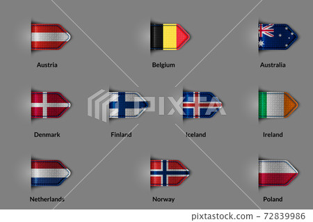 Set of flags in the form of a glossy textured label or bookmark. European countries Austria Belgium Denmark Finland Iceland Ireland Netherlands Norway Poland and Australia Set of flags in the form of a glossy textured label or bookmark. European countries Austria Belgium Denmark Finland Iceland Ireland Netherlands Norway Poland and Australia 72839986