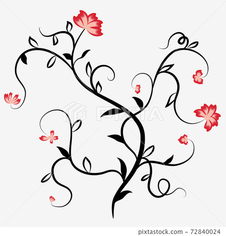 Abstract black silhouette of a plant with red flowers and tendrils. 72840024