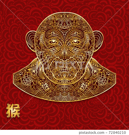 Ornate background with golden monkey head. Chinese hieroglyphs is translated as a monkey. Red seamless Backdrop. It can be used for greeting cards, invitations, covers or prints on clothes. 72840210