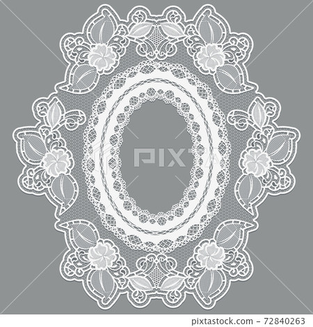Lace empty flower frame in the shape of the medallion. White lacy cloth on a gray background. Lace empty flower frame in the shape of the medallion. White lacy cloth on a gray background. 72840263