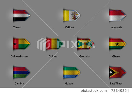 Set of flags in the form of a glossy textured label or bookmark. Yemen Vatican Indonesia Guinea Bissau Guinea Grenada Ghana Gambia Gabon East Timor 72840264