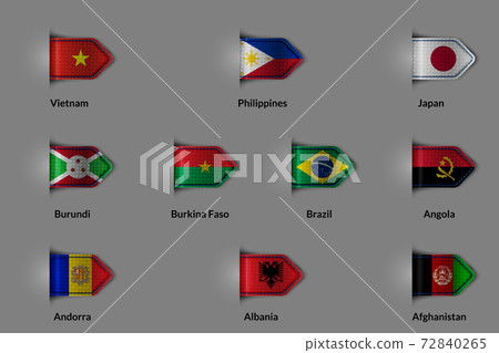 Set of flags in the form of a glossy textured label or bookmark. Vietnam Philippines Japan Burundi Burkina Faso Brazil Angola Andorra Albania Afghanistan 72840265