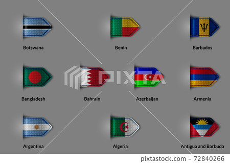 Set of flags in the form of a glossy textured label or bookmark. Botswana Benin Barbados Bangladesh Bahrain Azerbaijan Armenia Argentina Algeria Antigua and Barbuda 72840266