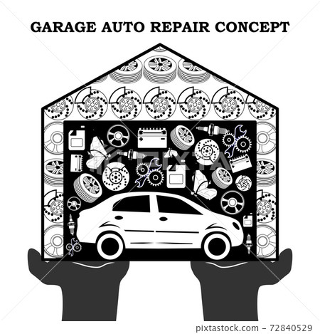 Auto Repair Services black concept with car icons and spare parts in the garage in the stretched out palms isolated on white background. 72840529