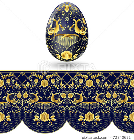 Easter egg painted. Dark blue and gold seamless pattern in national style of painting on porcelain. 72840651