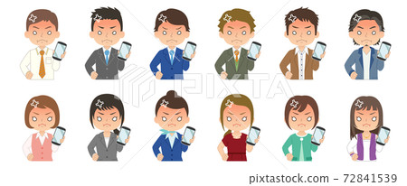一組女人和一個男人拿著智能手機與張生氣的紅臉的插圖 72841539