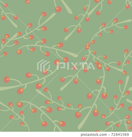 Seamless random pattern in pale tones with pink berries with branches. Light green background. Seamless random pattern in pale tones with pink berries with branches. Light green background. 72841569