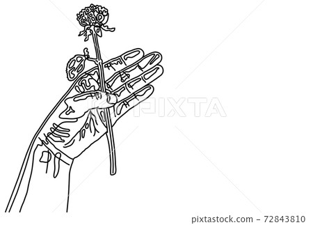 一隻手拿著一朵玫瑰的簡單線條畫插圖[明信片模板] 72843810