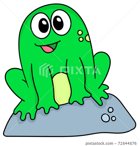 a cute frog is sitting on a rock, doodle kawaii. doodle icon image 72844876