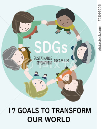 A poster-style illustration of people of different nationalities, ages, and genders holding hands with an easy-to-understand image of SDGs. 72844906