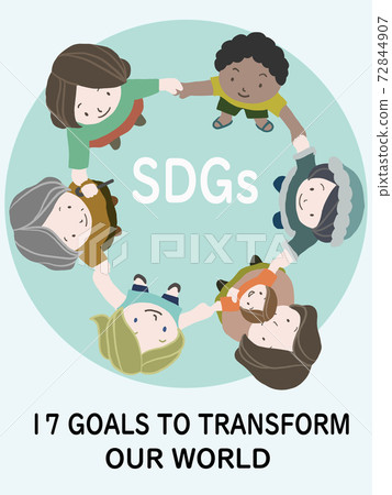 A poster-style illustration of people of different nationalities, ages, and genders holding hands with an easy-to-understand image of SDGs. 72844907