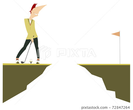 Golfer tries to make a hard kick concept illustration. Young golfer man tries to do a good kick standing on the edge of the of the precipice isolated on white  72847264