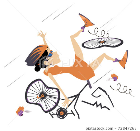Cyclist falling down from the bicycle isolated illustration. Cyclist woman falling down from the bicycle isolated on white illustration 72847265
