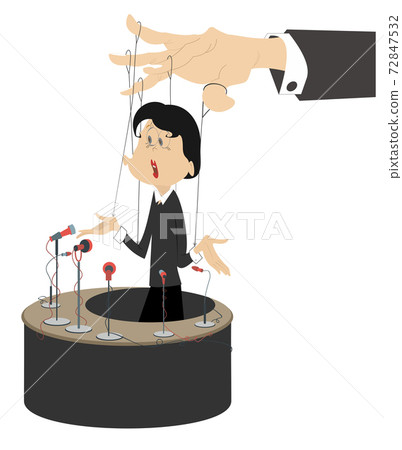 A young woman speaker making a report and controlled like puppet illustration. Making a report woman is controlled by cords like puppet 72847532