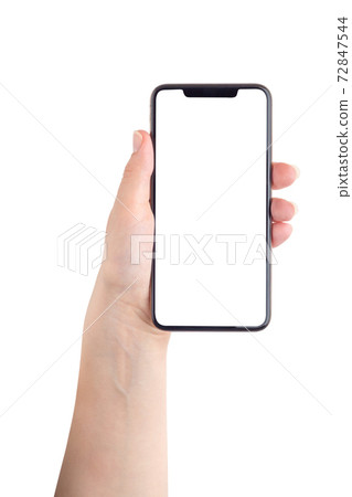 Smartphone with a blank white screen. New popular smartphone in hand on white background. 72847544